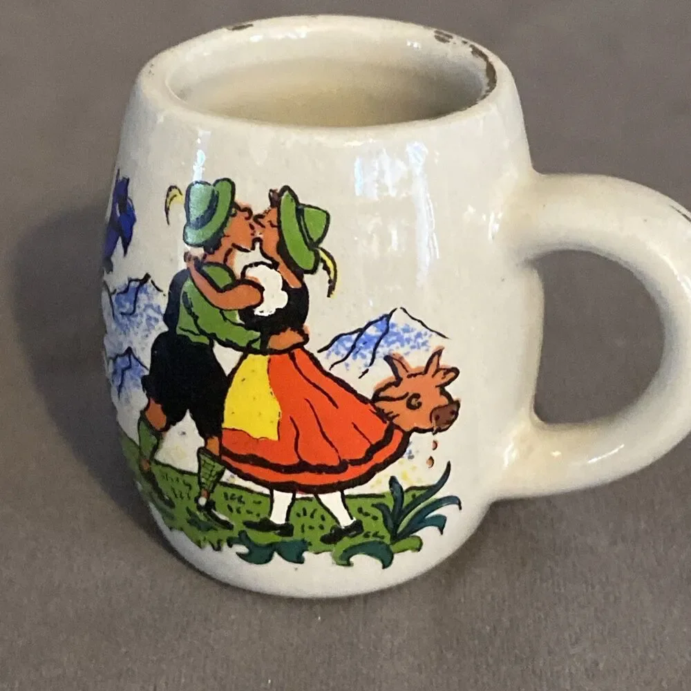West Germany Stoneware Shot Glass Stein Mug Handle Miniature Vintage Kissing